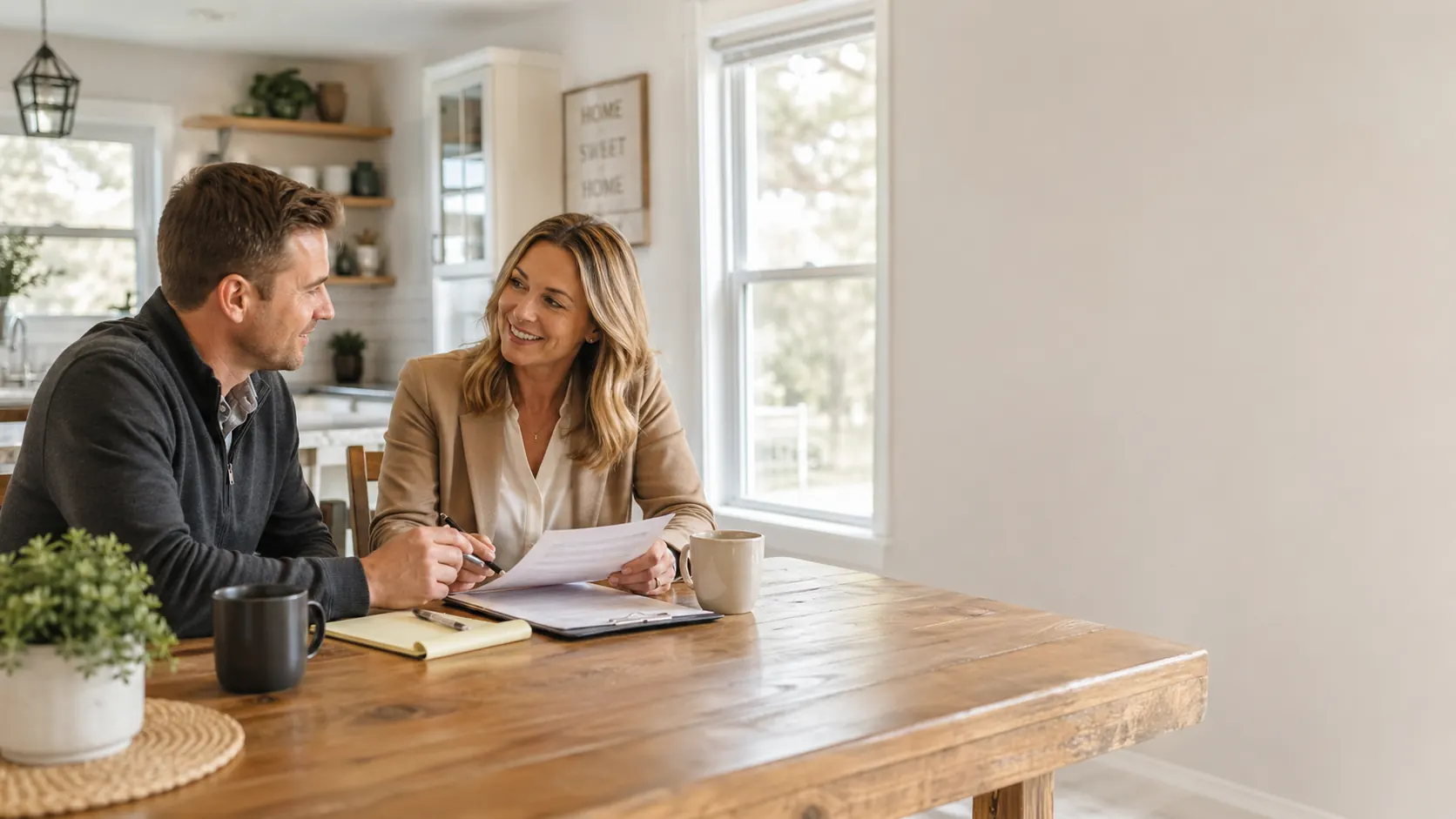 Midwest Home Co. advisor reviewing paperwork with a homeowner at a sunlit kitchen table