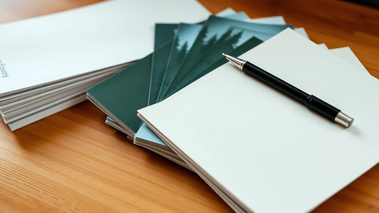 Stack of printed guide booklets with a pen on a wooden desk