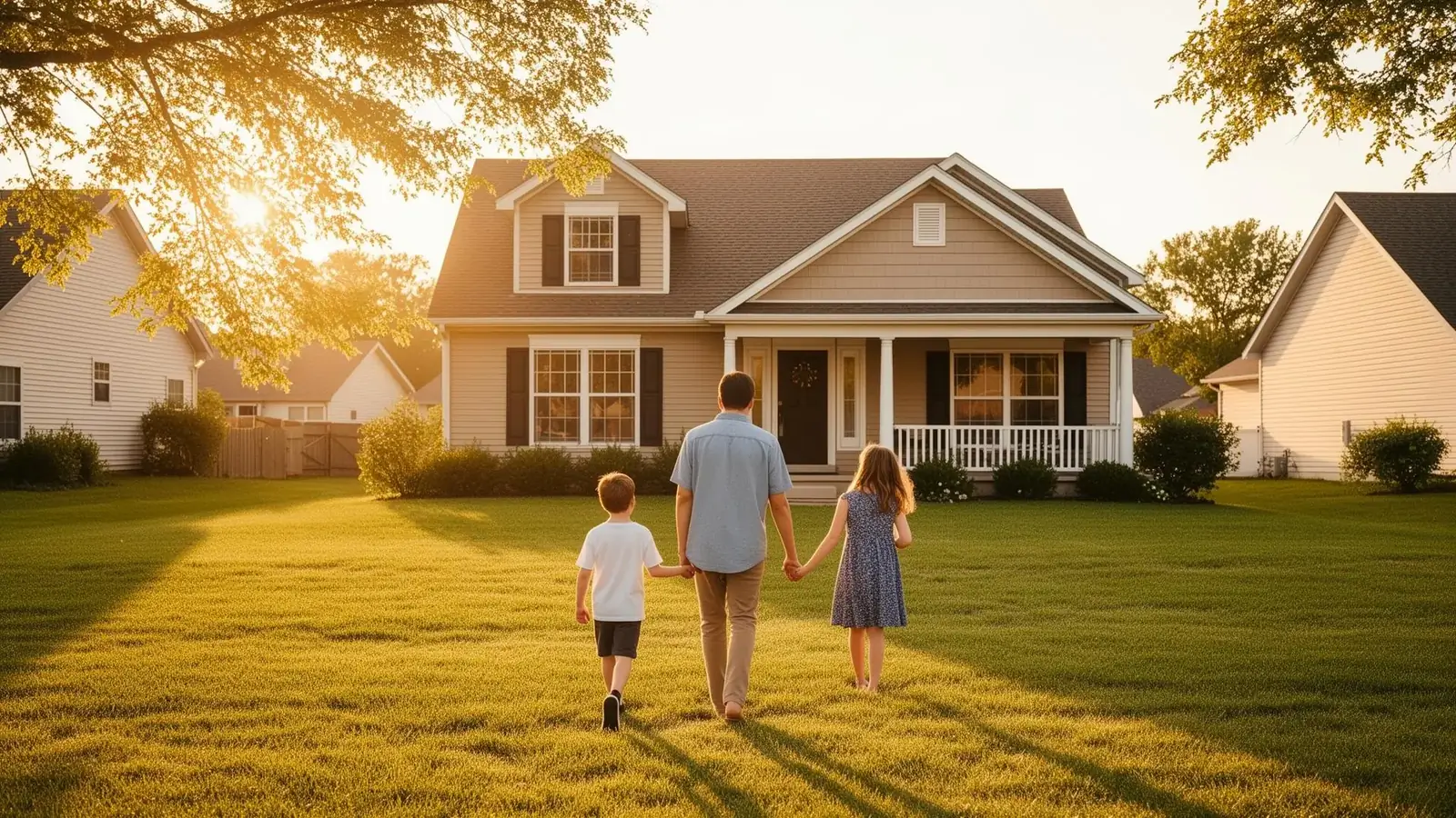 Family walking toward a new home at golden hour