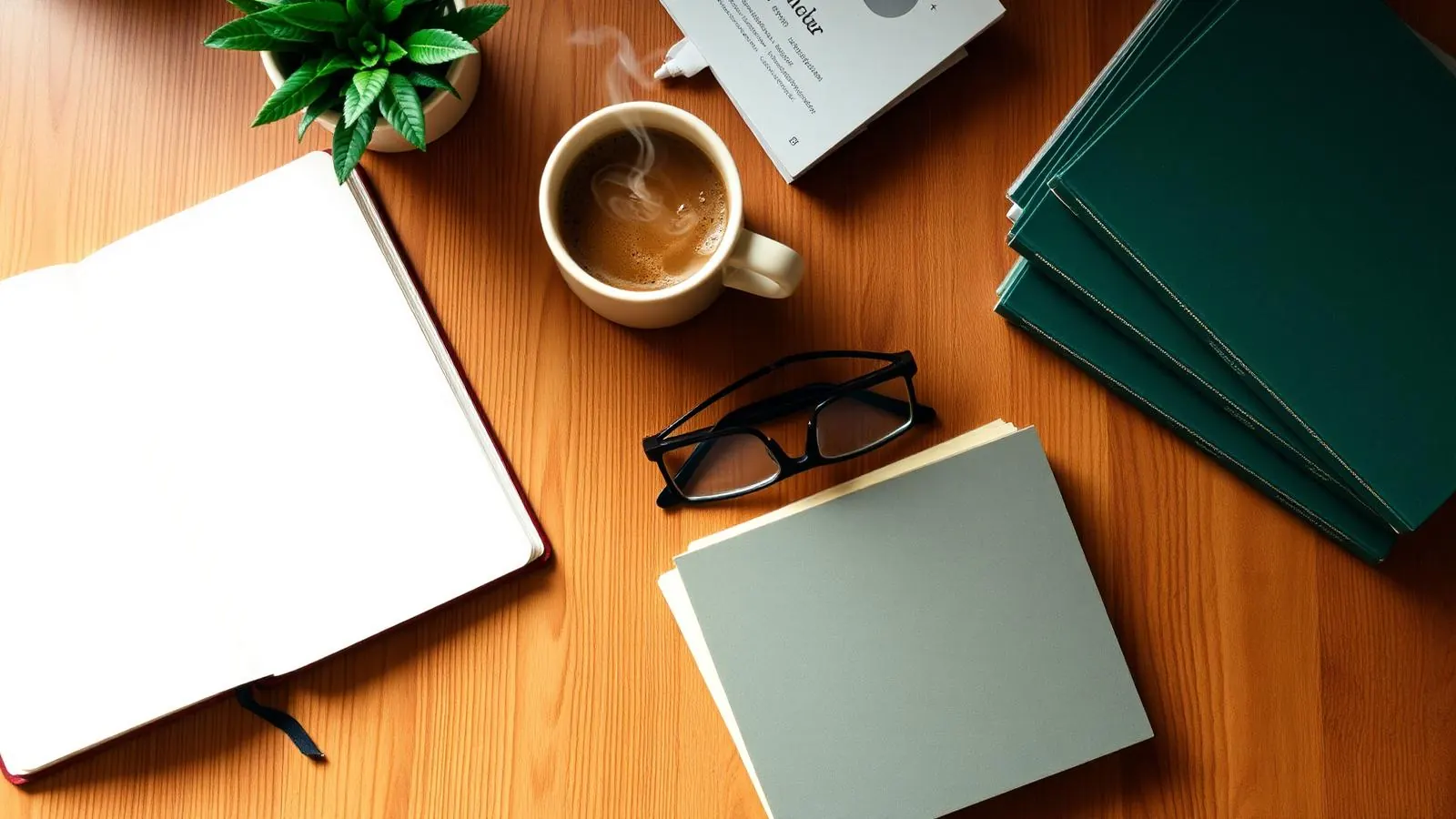 Open notebook, coffee, and guides on a wooden desk